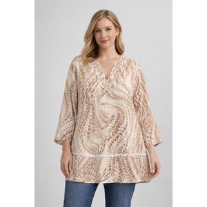 Ruby Rd Woman 1X Linen Tunic Top Tan Cream Abstract Print V-Neck 3/4 Sleeve